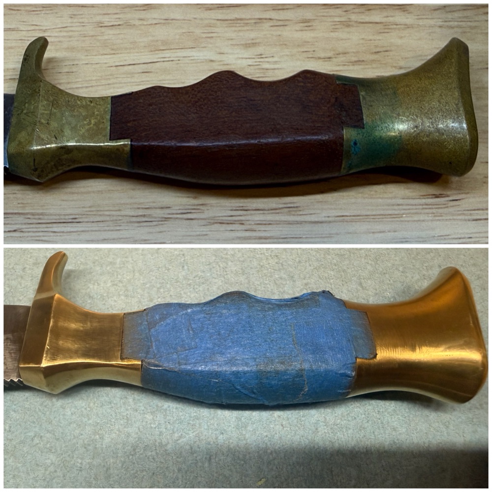 Brass item before and after surface cleaning and restoration